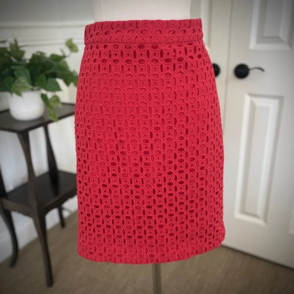 J. Crew No. 2 Eyelet Pencil Skirt in Red Chili, Size 4